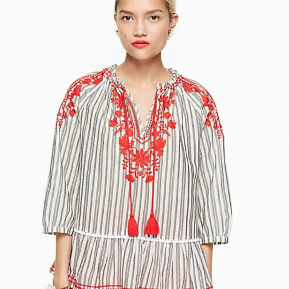 New Kate Spade Stripe Embroidered Blouse